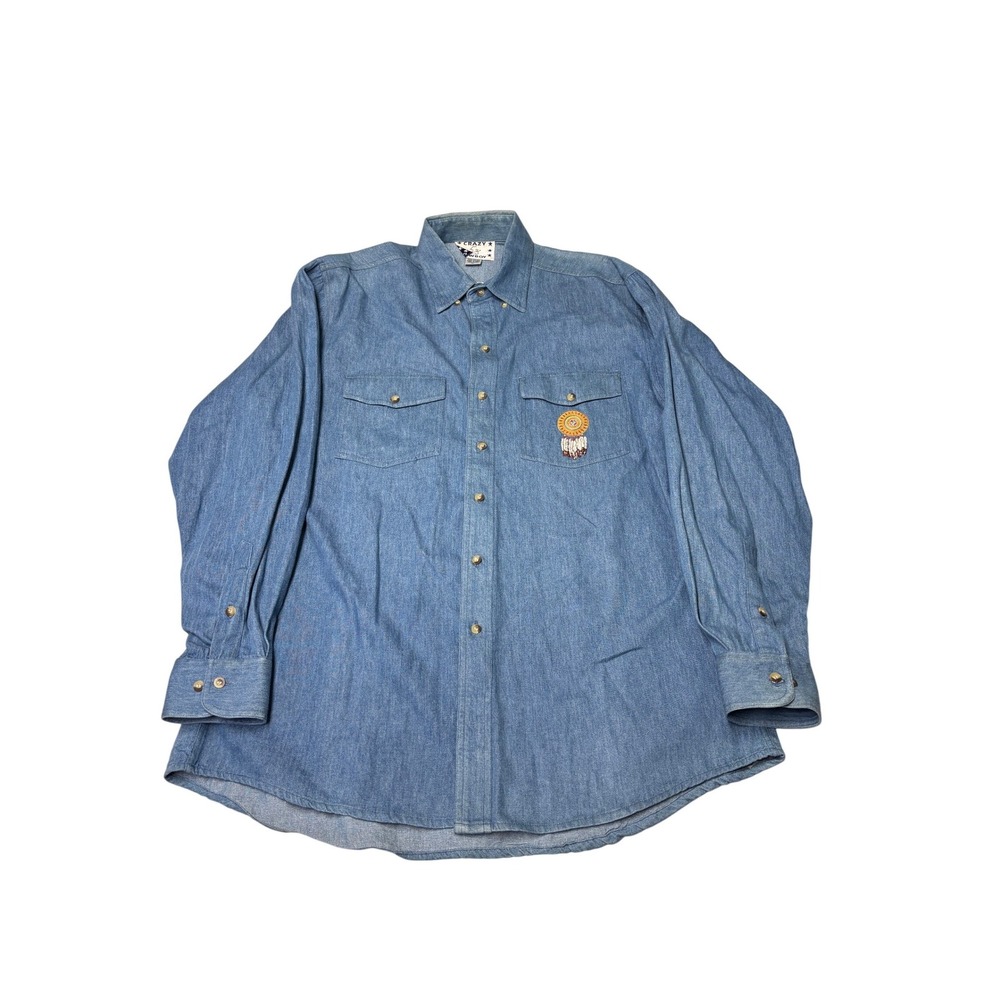 Crazy Cowboy Denim Shirt Dreamcatcher Feather Embroidery‎ Long Sleeve Mens XL